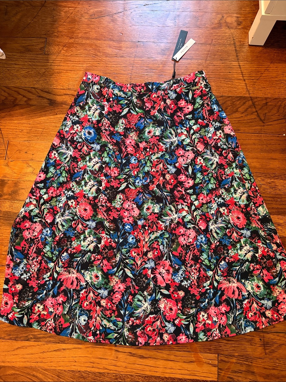 T Tahari Black Floral A-Line Skirt with Pink & Blue Accents